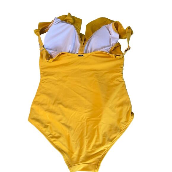 DKNY Swimsuit Womens Size 14 Yellow One Piece Ruching Straps Ruffles Designer - Picture 4 of 11